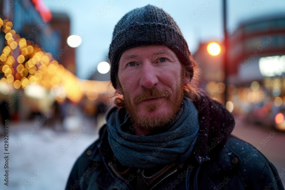 Portrait of a red-bearded man in a hat and scarf on a background of the night city. Portrait of a red-bearded man in a hat and scarf on a background of the night city.