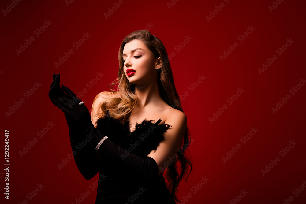 Photo of gorgeous lady wearing black gloves preparing for glamour event occasion on red color background Photo of gorgeous lady wearing black gloves preparing for glamour event occasion on red color background