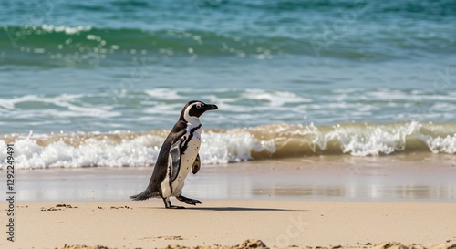 African penguin walking along the beach under a clear blue sky, expressing a sense of freedom and tranquility near the gentle ocean waves