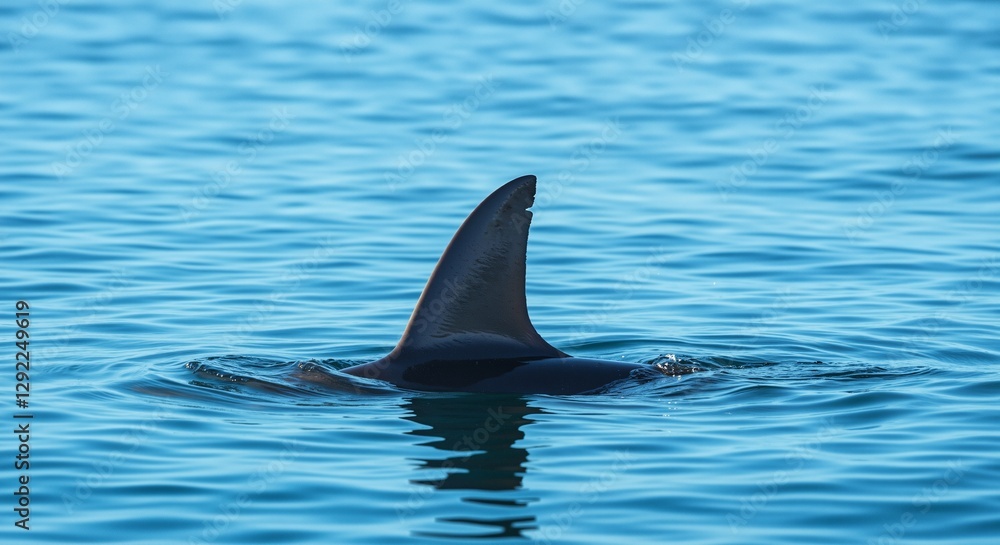 Fototapeta premium Shark fin emerging from tranquil blue water creating a sense of calm and curiosity as it cuts through the ocean surface
