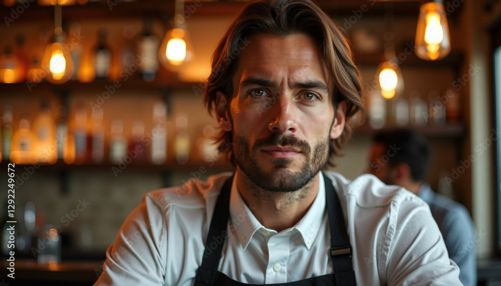 Fototapeta premium Confident bartender with a serious expression in a cozy bar