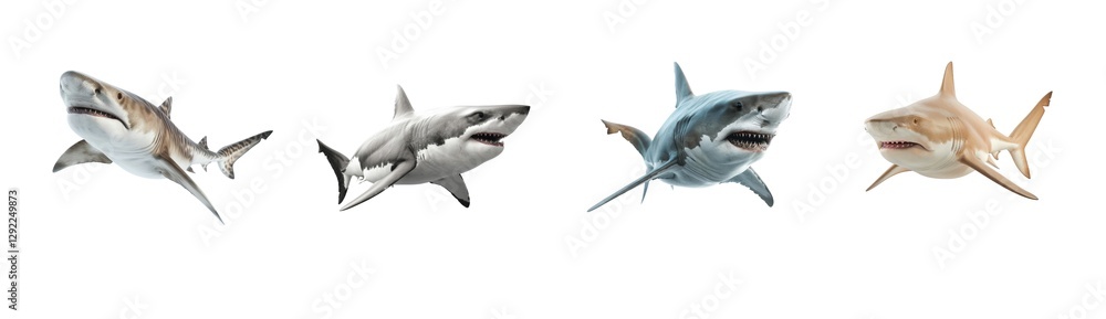Diverse shark species in stunning realistic poses displaying dynamic aquatic power and beauty Diverse shark species in stunning realistic poses displaying dynamic aquatic power and beauty