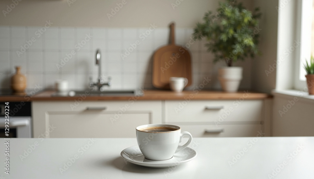 Coffee cup on white table in modern kitchen Coffee cup on white table in modern kitchen