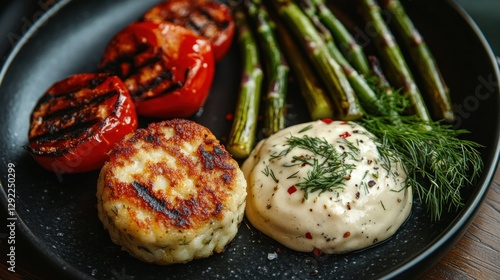 Grilled tomatoes, asparagus, and fish cakes with creamy sauce on a plate photo