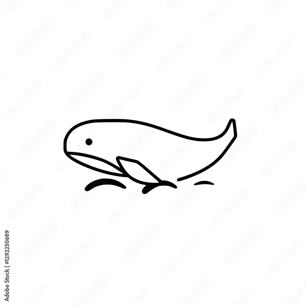 Obraz premium Whimsical black and white cartoon whale icon on white background. Minimalist illustration of a happy whale.