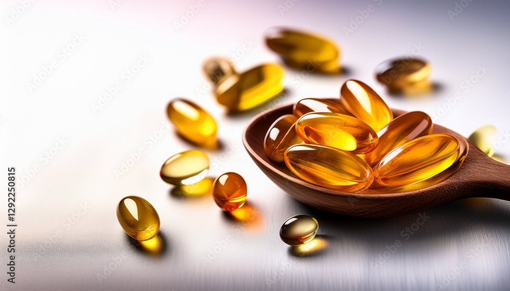 Different Soft Gels, Fish Oil, Capsules Omega, Vitamin Pills, Tablets, Food Supplements in Wooden Spoon Different Soft Gels, Fish Oil, Capsules Omega, Vitamin Pills, Tablets, Food Supplements in Wooden Spoon
