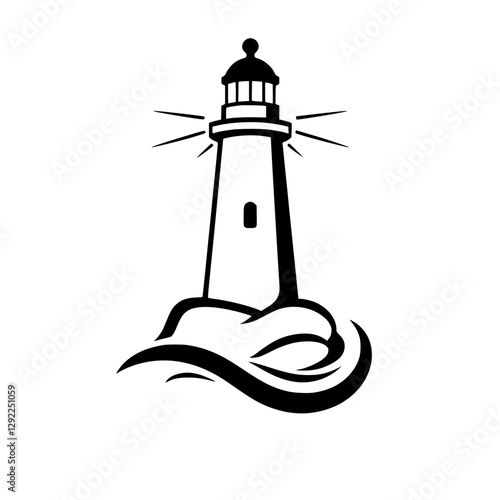 Lighthouse: black and white illustration of a lighthouse on waves, minimalist style.