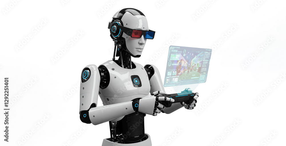 modern robot in 3d glasses is playing game modern robot in 3d glasses is playing game