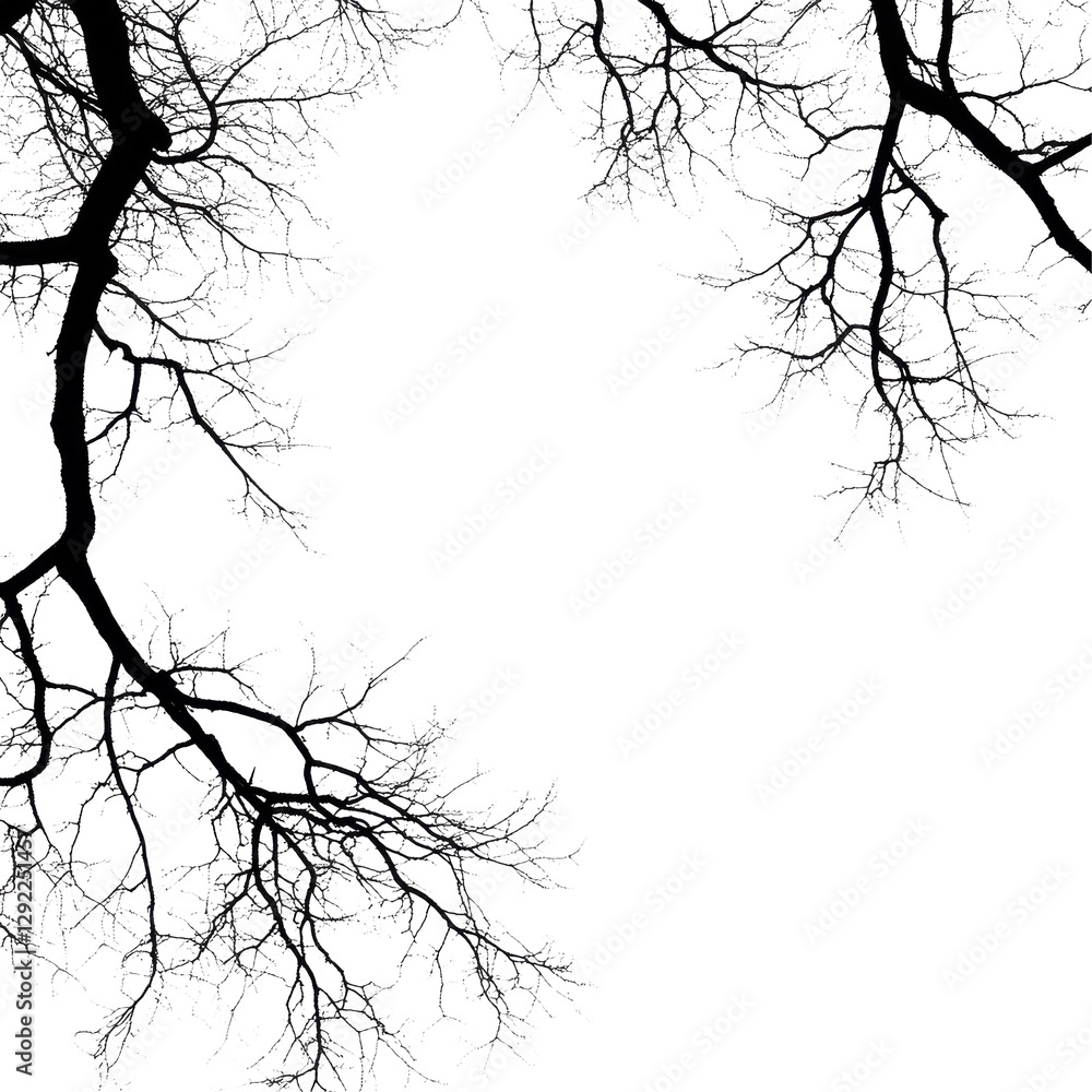 Fototapeta premium Silhouette of bare tree branches isolated on Transparent background creating an artistic design, Silhouette bare trees branches isolated on PNG background