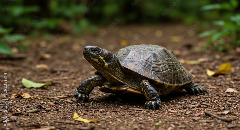 Turtle walking on the forest floor, showcasing beautiful shell patterns, amidst a backdrop of lush greenery and scattered leaves Turtle walking on the forest floor, showcasing beautiful shell patterns, amidst a backdrop of lush greenery and scattered leaves