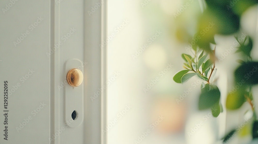 Obraz premium A zoomed-in image of a door handle with greenery in front and a window behind it