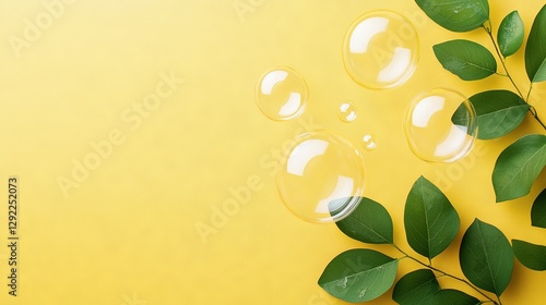   A group of soap bubbles resting on a green leafy branch against a yellow background and surrounded by water droplets