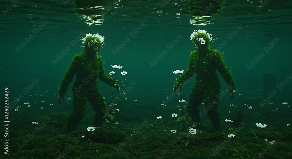 Two Cloaked Figures in a Hazy Green Field of White Flowers Two Cloaked Figures in a Hazy Green Field of White Flowers