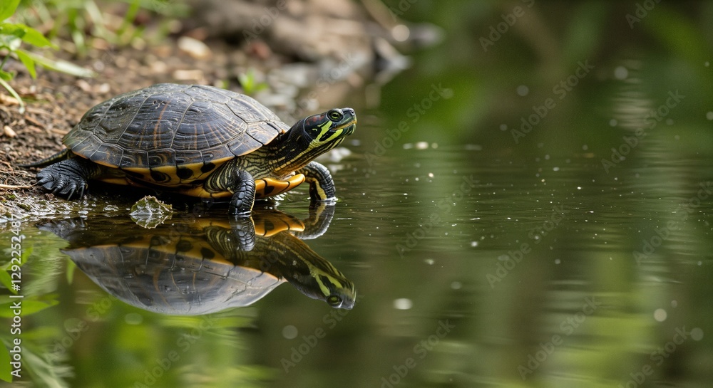Fototapeta premium Turtle on the shore observing its reflection in serene water, surrounded by lush greenery and a tranquil atmosphere