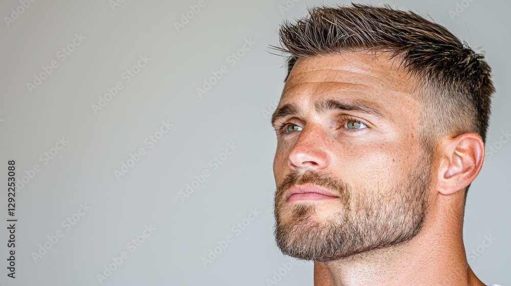 Obraz premium Pensive man, profile view, neutral background, copy space