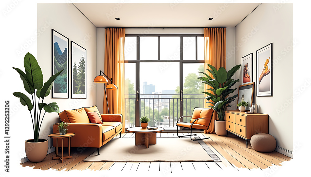 Fototapeta premium Stylish living room with orange accents and large windows