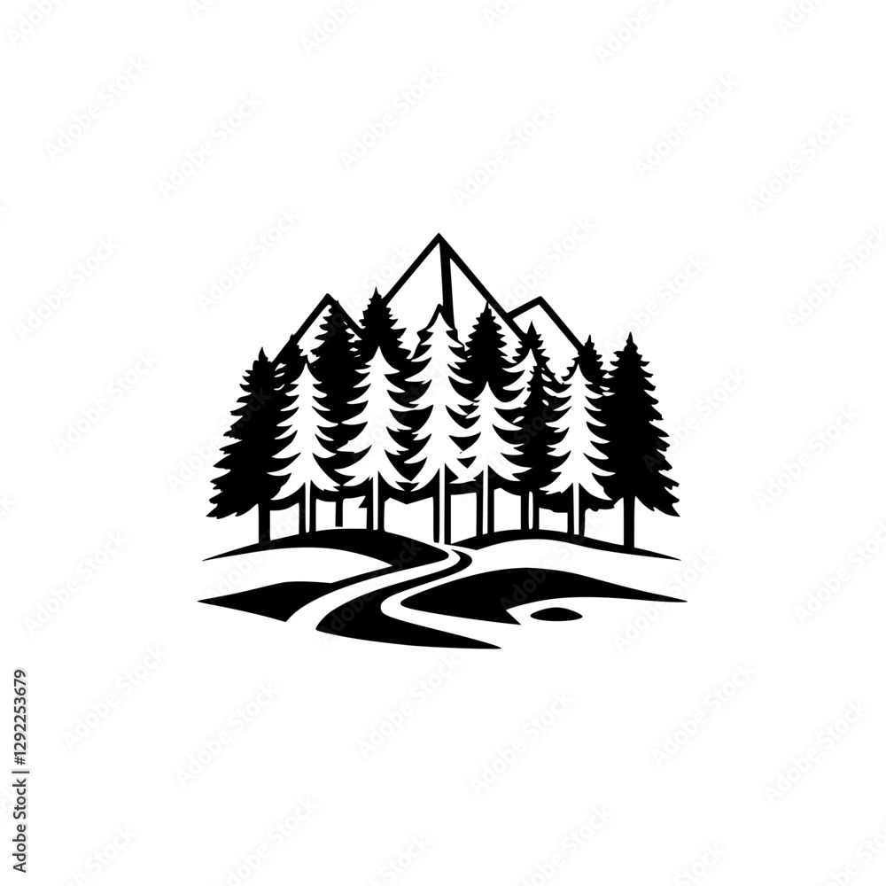 Obraz premium Black & White Forest Mountainscape: Illustration featuring fir trees, a winding path, and a minimalist mountain silhouette.