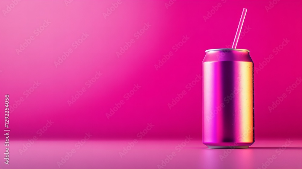 Pink metallic can with straw against vibrant pink background. Studio shot. Pink metallic can with straw against vibrant pink background. Studio shot.