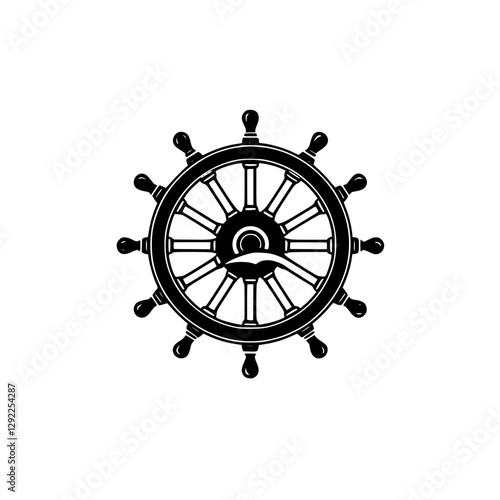 Black and White Nautical Helm Illustrating a Vintage Ship's Wheel, Centered, Isolated.