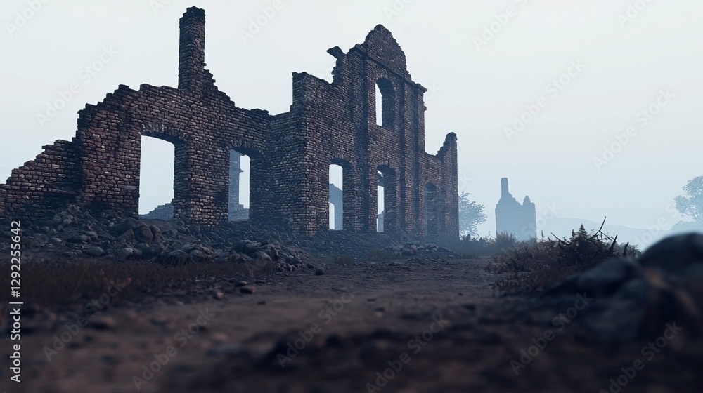 Obraz premium Surreal Landscape Blending Past and Present Ruins in Foggy Atmosphere, Cities in ruins after apocalypse concept.