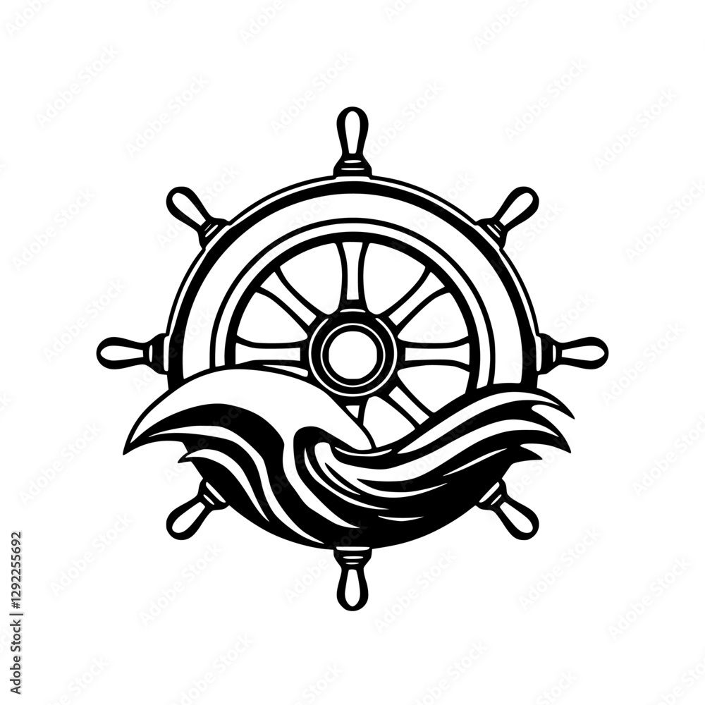 Sleek helm, waves, steering, waves with steering wheel, waves, crest, graphic. Sleek helm, waves, steering, waves with steering wheel, waves, crest, graphic.