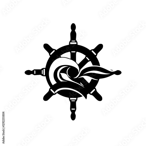 A black and white ship's wheel, integrating a wave motif.