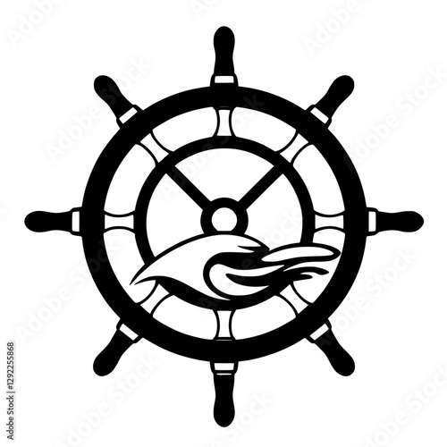 Black and White minimalist illustration of a ship's steering wheel with a stylized wave and a hand over the center.