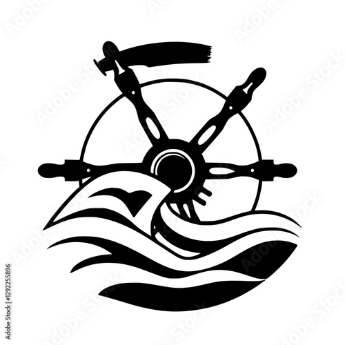 Black and white nautical scene: A ship's helm with a banner floating above the waves.
