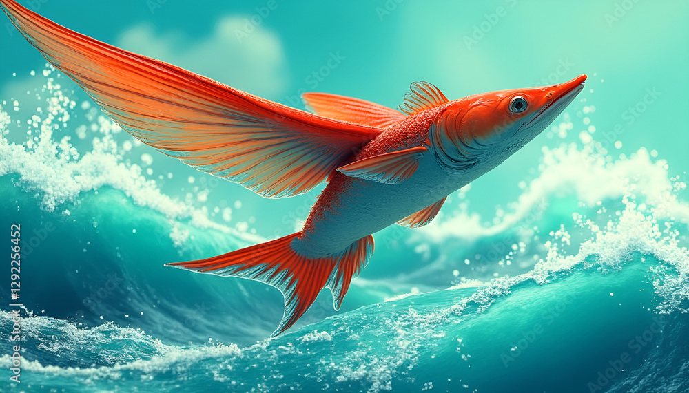 Fototapeta premium Flying Fish Soaring with Fantasy Above Waves, Fish with waves, Rosh Hashanah 