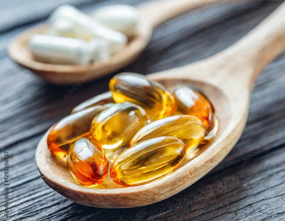 Different Soft Gels, Fish Oil, Capsules Omega, Vitamin Pills, Tablets, Food Supplements in Wooden Spoon Different Soft Gels, Fish Oil, Capsules Omega, Vitamin Pills, Tablets, Food Supplements in Wooden Spoon