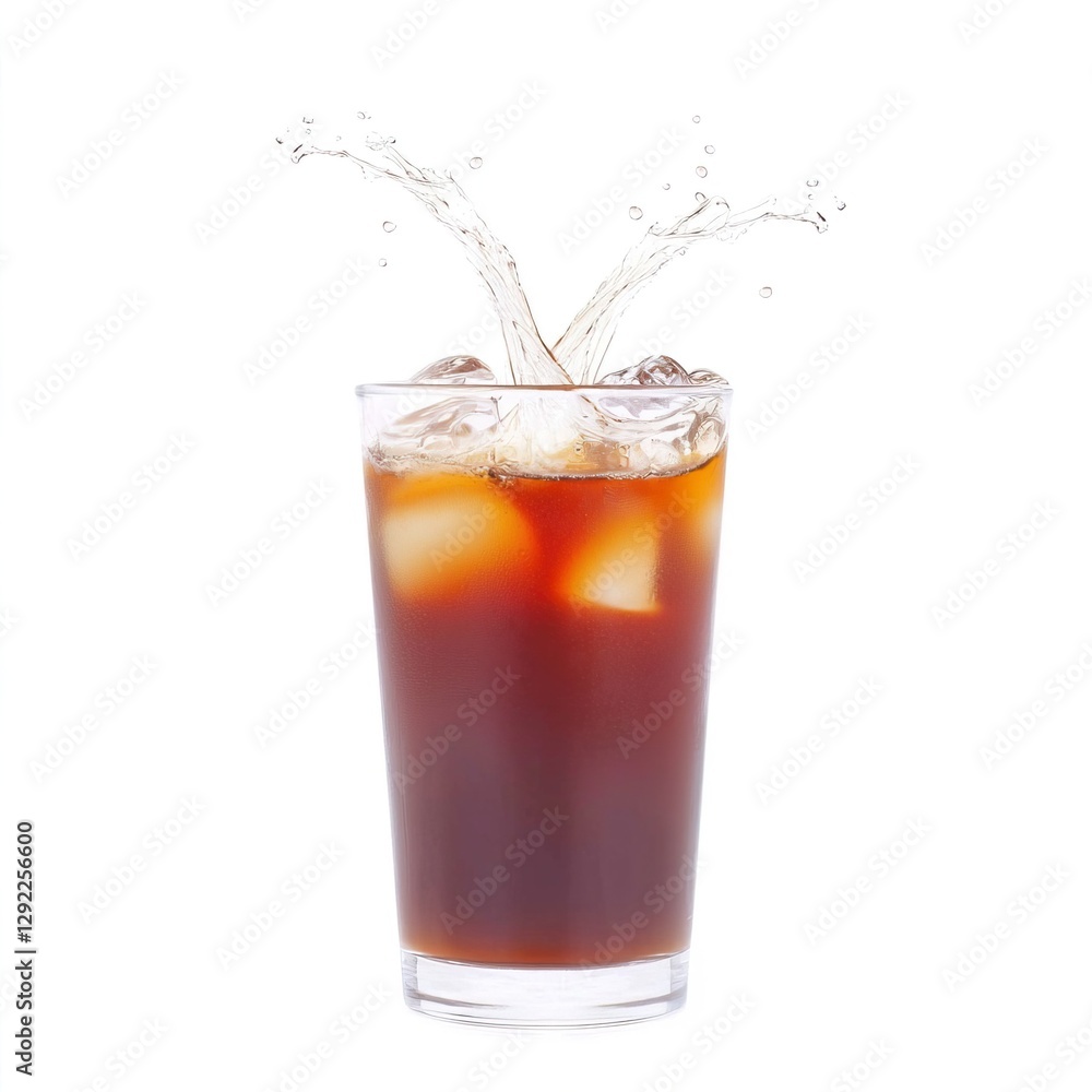 Dark Iced Coffee in Clear Glass with Splashing Water Effect, Dark coffee in a glass concept. Dark Iced Coffee in Clear Glass with Splashing Water Effect, Dark coffee in a glass concept.