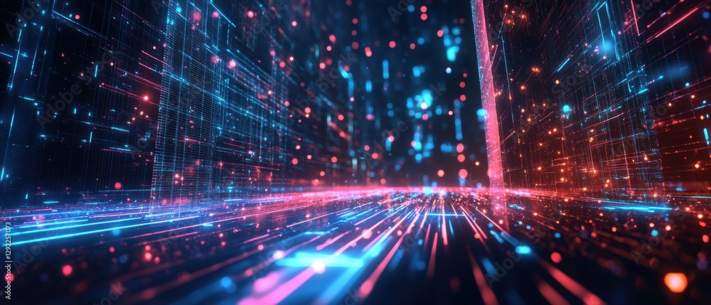Naklejka premium Abstract futuristic digital space with glowing neon lines and particles, representing data flow, artificial intelligence, and virtual reality in a modern cyberspace