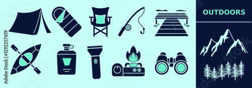 Outdoors icon set with tent, sleeping bag, camping chair, fishing rod, pier, flashlight, lake, kayak, water bottle, flashlight, camping stove, mountains.