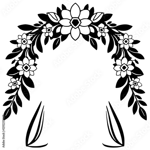 Floral Archway: A stylized, grayscale, and monochrome representation featuring a wreath composed of delicate floral elements and leaves.