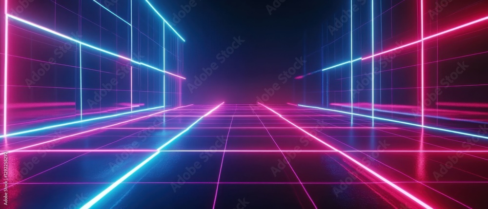 Abstract neon grid background with blue and pink glowing lines, creating a futuristic and immersive virtual reality or metaverse environment Abstract neon grid background with blue and pink glowing lines, creating a futuristic and immersive virtual reality or metaverse environment