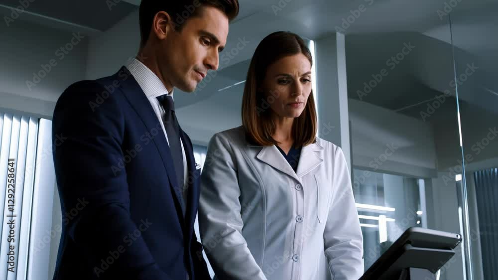 Professionals in formal attire collaborate in contemporary office setting. They analyze data on digital device while sharing insights and strategies to enhance project outcomes Professionals in formal attire collaborate in contemporary office setting. They analyze data on digital device while sharing insights and strategies to enhance project outcomes