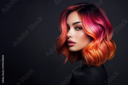 Beautiful Woman with Orange balayage , hair coloring technique. Beauty model girl with short soft wavy hair . curly hairstyle dye .Fashion, cosmetics and makeup