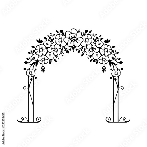 Floral Archway: A Black and White Design of a Flower-Adorned Arched Gateway.