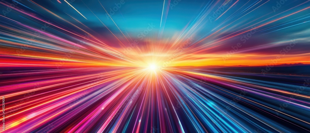 Obraz premium Abstract colorful light trails at sunset, creating a sense of speed and motion Concept of technology, future, energy, and data transfer