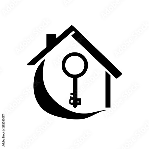Black and White House Key Symbol with Crescent Moon