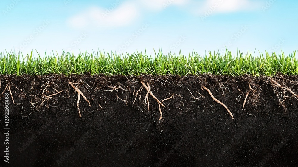 Fototapeta premium Charming Green Grass Growing on Hillside Under Blue Sky, Nature nurtures grass from the soil concept.