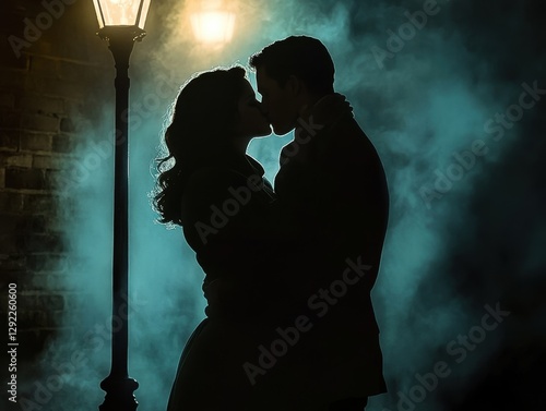 Romantic Silhouette: A Couple's Passionate Kiss Under a Streetlamp in a Foggy Night photo