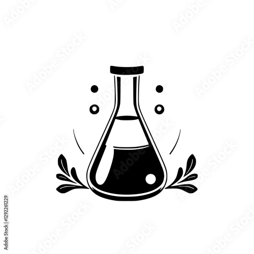 Black and white stylized illustration of a conical flask lab beaker with a minimalist floral design.