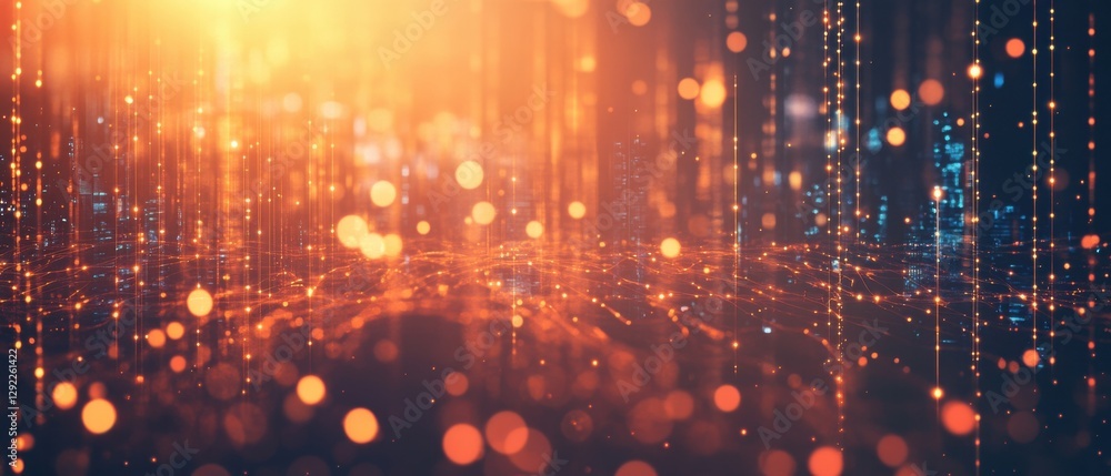 Obraz premium Abstract futuristic cityscape with glowing orange bokeh lights and data streams, representing digital transformation and technology