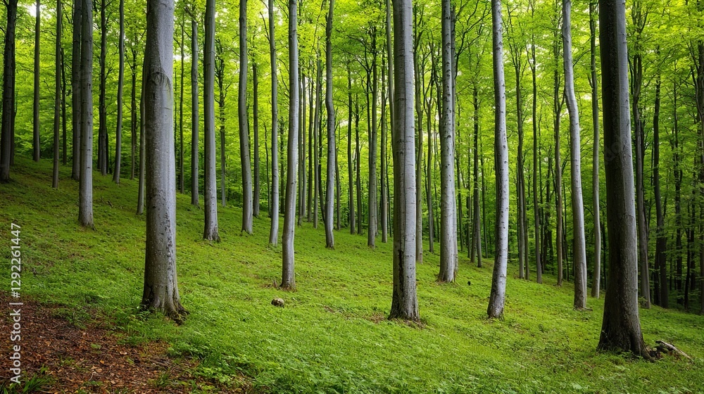 Lush Green Forest with Diverse Trees Under a Bright Sky, Service metrics nurture forest growth concept. Lush Green Forest with Diverse Trees Under a Bright Sky, Service metrics nurture forest growth concept.