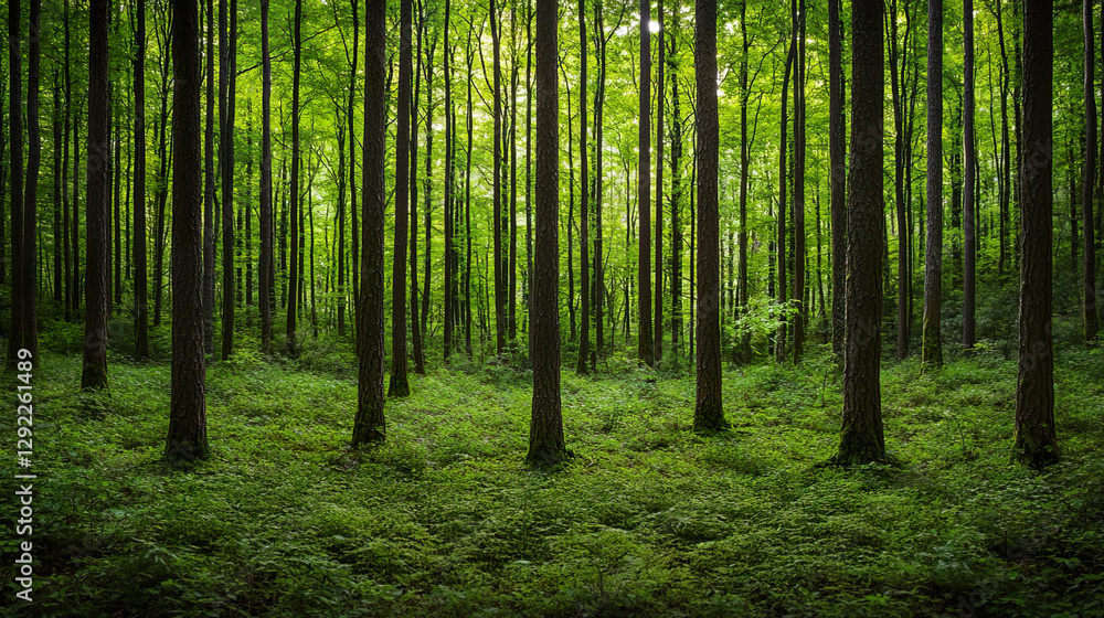 Detailed Depiction of Forest Floor Covered in Lush Greenery and Trees, Service metrics nurture forest growth concept. Detailed Depiction of Forest Floor Covered in Lush Greenery and Trees, Service metrics nurture forest growth concept.