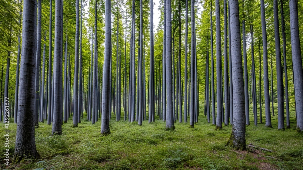 Panoramic View of Thick Forest with Towering Trees and Lush Greenery, Service metrics nurture forest growth concept. Panoramic View of Thick Forest with Towering Trees and Lush Greenery, Service metrics nurture forest growth concept.