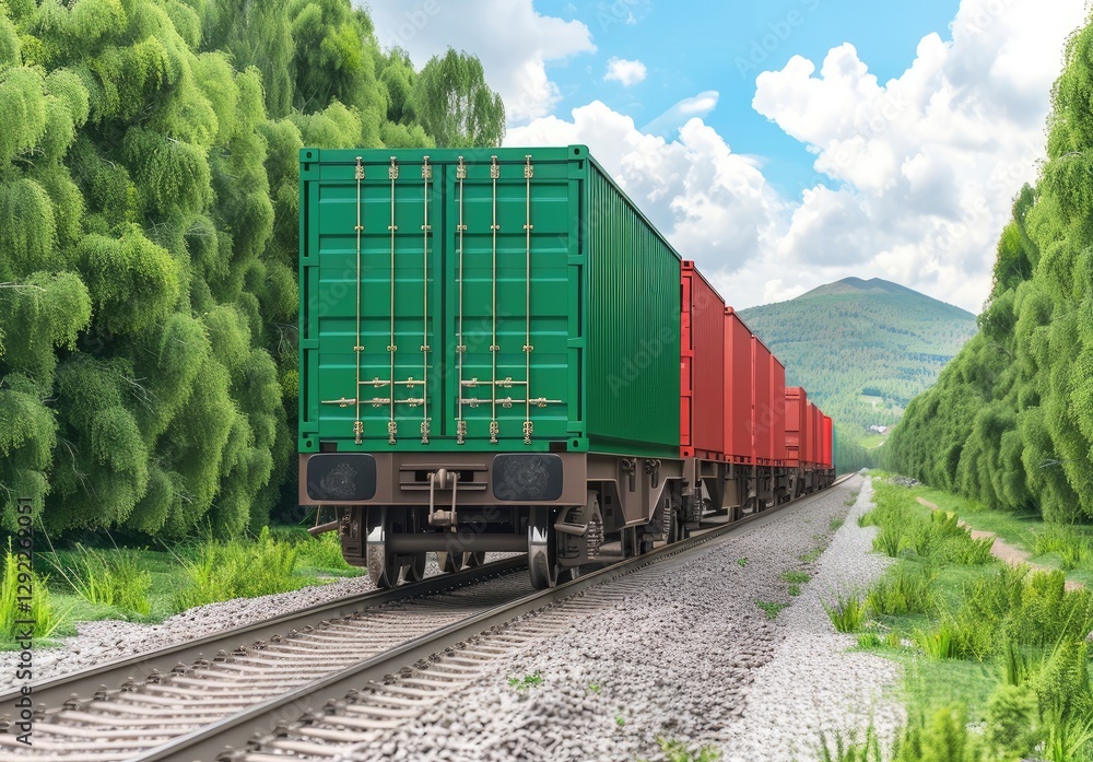 Fototapeta premium Freight Train Carrying Cargo Containers Through Lush Green Landscape.