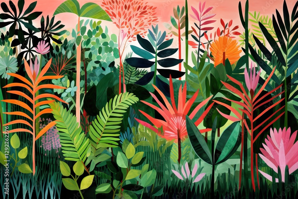 Tropical jungle pattern with palm leaves and exotic flowers in green and coral colors. Modern floral illustration. Fantasy botanical background for wallpaper and textile design Tropical jungle pattern with palm leaves and exotic flowers in green and coral colors. Modern floral illustration. Fantasy botanical background for wallpaper and textile design