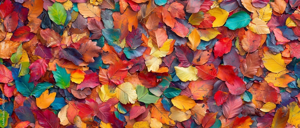 A vivid autumn backdrop featuring a lively array of fallen leaves carpeting the forest floor. A vivid autumn backdrop featuring a lively array of fallen leaves carpeting the forest floor.